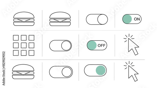 Burger menu grid toggle switch on off cursor click interface elements vector design illustration icon set