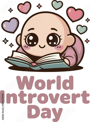 Cute baby reading book surrounded by hearts for world introvert day theme 