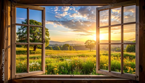 Open window view to golden field and distant hills at sunset