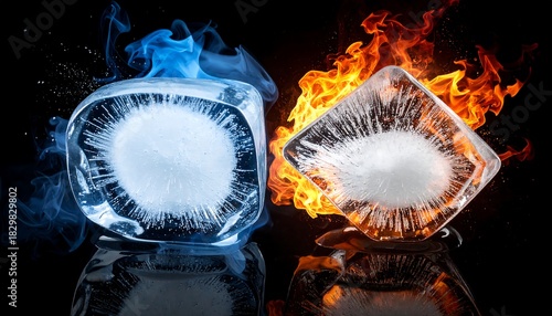 Opposing concepts show ice ablaze and another emitting cold smoke on a reflective surface, set on black