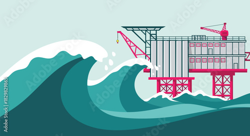 An illustration depicts an offshore oil platform battling large ocean waves, representing the challenges of energy production.