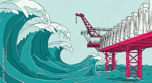 An illustration depicts a conflict between powerful ocean waves and an offshore oil rig, symbolizing environmental concerns and industrial impact.