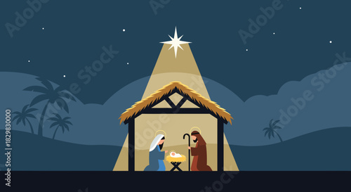 Nativity night landscape shows Holy Family in Bethlehem under starry sky. Nativity night scene depicts Holy Family with baby Jesus in stable, surrounded by peaceful night landscape.
