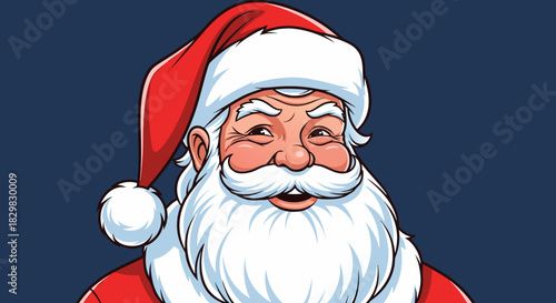 This is Santa Claus close-up showing his warm smile. Close-up of Santa Claus reveals iconic red suit and cheerful demeanor, representing spirit of holiday season, creating a feeling of warmth and joy.
