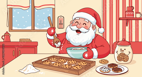 Santa Claus cooking cookies in preparation for Christmas, illustrated with bowl, flour, and baked treats. Santa Claus is joyfully preparing holiday sweets, stirring ingredients with wooden spoon.
