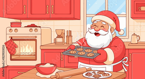 Santa Claus cooking cookies in kitchen, baking delicious treats in bright red kitchen, near window. Santa Claus holds pan full of holiday baked cookies.