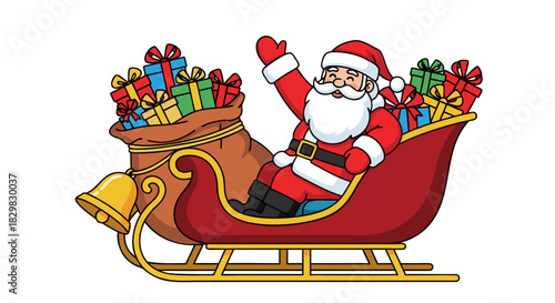 Santa Claus riding sleigh illustration delivering presents on Christmas eve, spreading joy during winter holiday season. Santa Claus riding sleigh illustration with gifts is a whimsical scene.