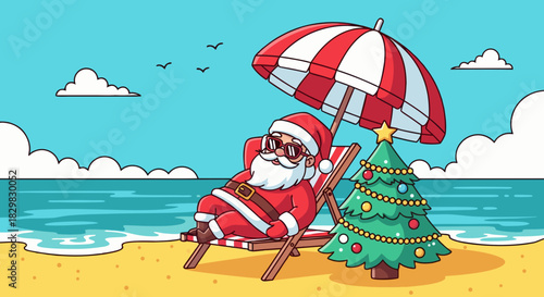 Santa Claus on beach for Christmas, with tree and ocean backdrop, Santa Claus on beach during Christmas is wonderfully captured. Holiday spirit by the sea.