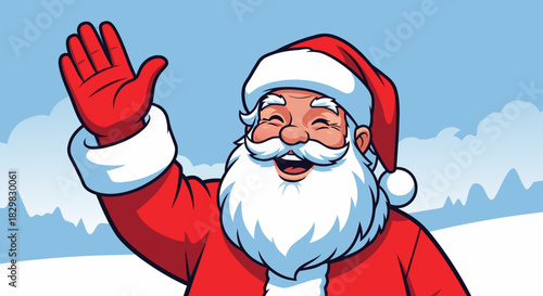 Santa Claus waving hand in friendly holiday illustration in winter scene. Santa Claus waving hand creates joyful atmosphere during festive season, offering warm greeting with classic red suit.