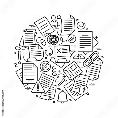 Collection of line art icons representing document management, data organization, notification, and file linking in a circular arrangement