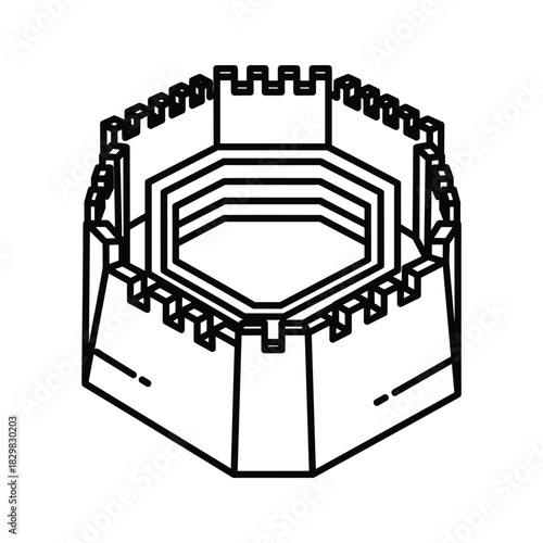 Isometric line art icon of a castle tower top section with crenellations, isolated on