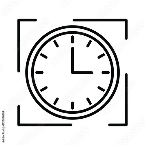 Black and white line icon of a clock face with hands set to 3 oclock, framed by corner brackets, isolated on