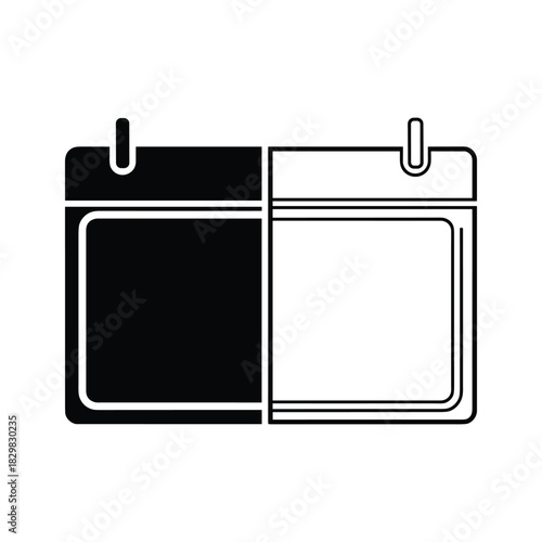 Simple black and white calendar icon split in two halves representing time planning or scheduling concept isolated on