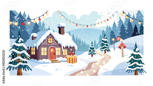 A snowy forest path glowing with lanterns, leading to a magical Christmas cabin decorated with wreaths and fairy lights