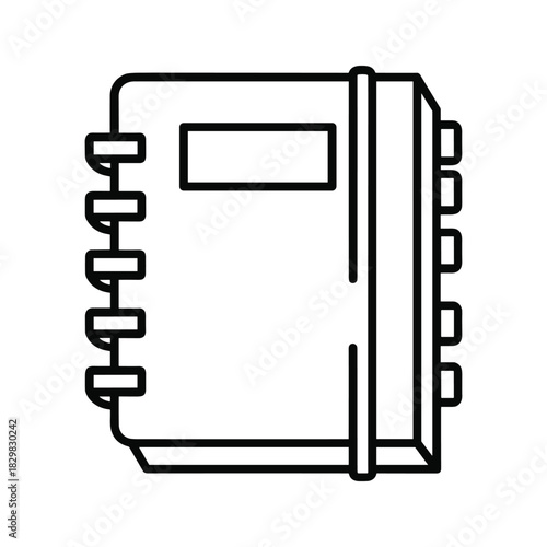 Simple black and white line art icon representing a spiral bound notebook or journal with a blank label on the cover, isolated on