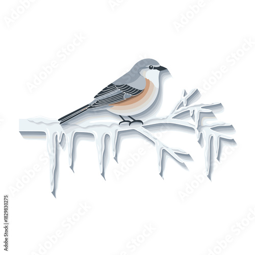 Bird sitting on a branch with icicles in snowy winter setting  