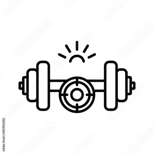Simple line icon of a dumbbell with a sun or target symbol in the center, isolated on