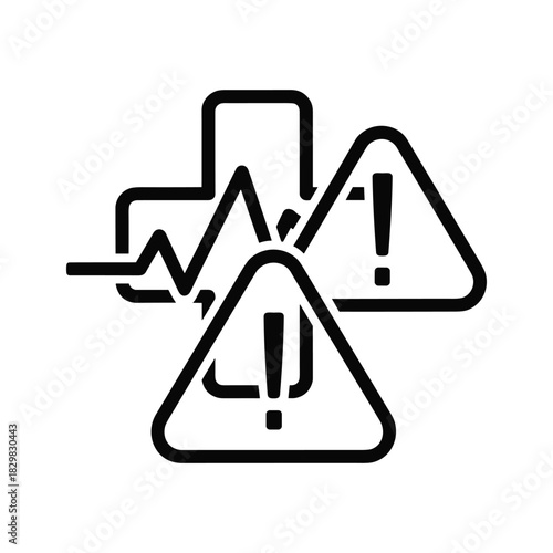 Critical medical emergency icon with irregular heartbeat graph and danger warning triangle symbols