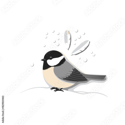 Small bird puffing feathers while snowing on a white background  
