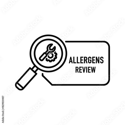 Allergens review concept with magnifying glass, wrench, gear for food safety, ingredient analysis