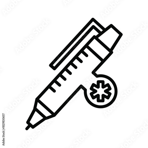 Medical injection pen outline icon for healthcare and treatment solutions, diabetes management device graphic