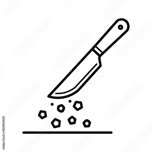 Chef's knife chopping ingredients, food preparation kitchen utensil line art icon illustration