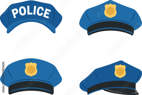 Blue Police Officer Cap and Sheriff Hat Collection Set with Badge, Front View, Law Enforcement Uniform Accessories, Authority, and Security Symbol.