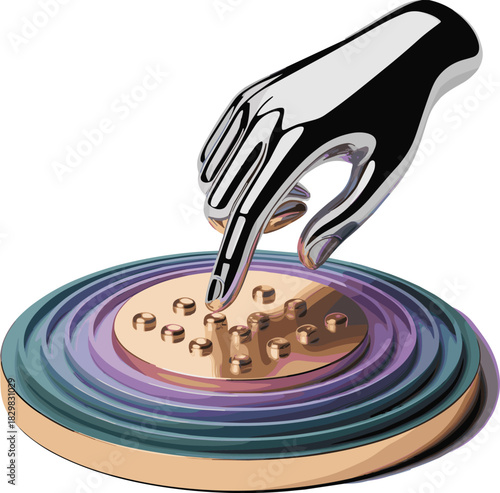 Metallic hand pressing button on colorful round interface in abstract futuristic setting 