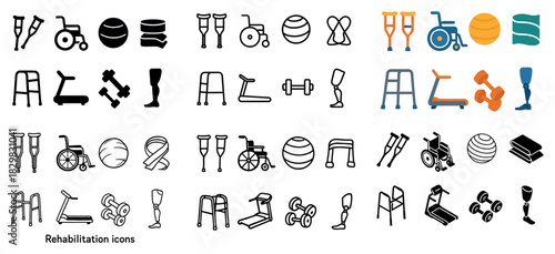 Rehabilitation equipment icons collection