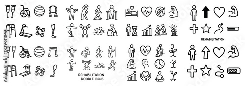 Rehabilitation doodle icons for physical therapy