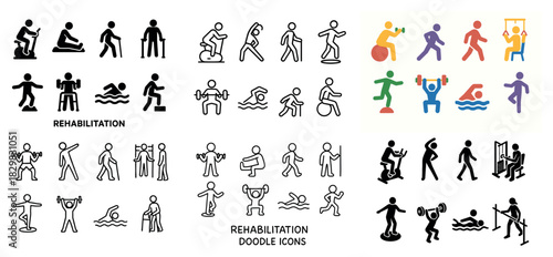 Rehabilitative exercise icons and doodles collection