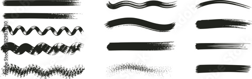 Brush stroke variation set, textured ink line collection, abstract sketch elements, black white vector, cad drawing flat vector illustration