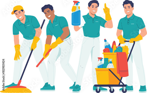 Professional cleaning service team of friendly male janitors and diverse maintenance workers cooperating, mopping and scrubbing floors, holding spray bottles and pushing supply carts for daily hygiene