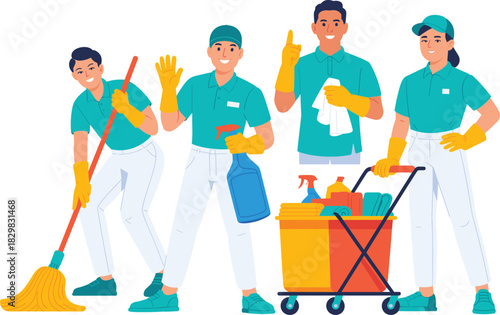 Diverse professional cleaning crew of male and female essential janitors wearing bright teal uniforms and protective gloves, cheerfully standing with cleaning supplies, chemicals, and a service trolle