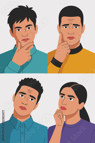 A thoughtful and diverse team of young professional people contemplating complex problems, analyzing data, and brainstorming strategies with uncertain or confused facial expressions, modern flat vecto