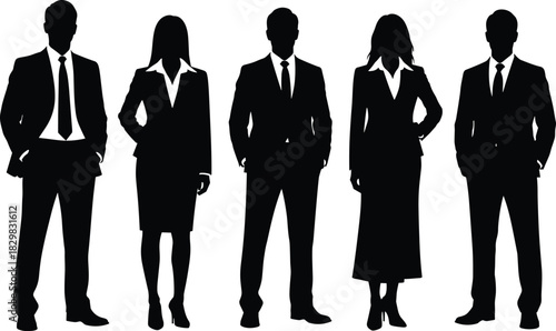 Business professional silhouette set, corporate attire icons, workplace diversity poses, black white vector graphic, cad drawing flat vector illustration