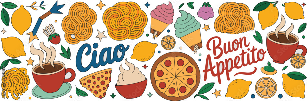 Fototapeta premium Retro Italian cuisine vector illustration banner featuring pizza, pasta, hot coffee, and gelato desserts, surrounded by bright yellow citrus fruits, lemons, and decorative leaves. Perfect graphic elem