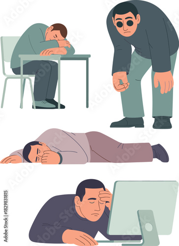 Flat vector illustration collection showing a tired, overwhelmed, and exhausted man suffering from fatigue, burnout, and depression, depicted sleeping at an office desk, collapsed on the floor, and ov