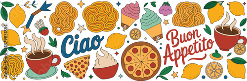 Retro Italian cuisine vector illustration banner featuring pizza, pasta, hot coffee, and gelato desserts, surrounded by bright yellow citrus fruits, lemons, and decorative leaves. Perfect graphic elem