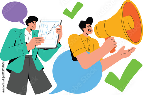 Business strategy communication and market analysis. Professionals announcing successful financial results, one holding a tablet with a chart graph, the other using a loud megaphone for viral marketin