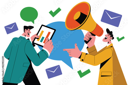 Dynamic professional business team collaborating on a marketing and communication strategy, one making a successful announcement via megaphone while the other analyzes performance statistics and data