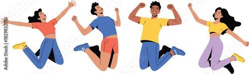 Dynamic illustration of a diverse team of four joyful young friends leaping, celebrating victory and achievement with raised arms, depicting freedom, vitality, and success, styled in vibrant flat vect