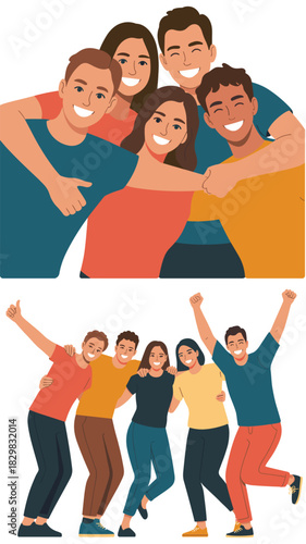 Joyful diverse group of millennial friends embracing and smiling, celebrating success and collaboration in a bright, modern flat design vector illustration, perfect for presentations, social media, an