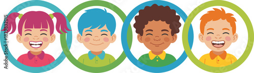 Diverse group of four multi-ethnic happy children smiling within colorful interconnected circles forming a DNA helix structure, symbolizing inclusion, friendship, and youth collaboration for science,