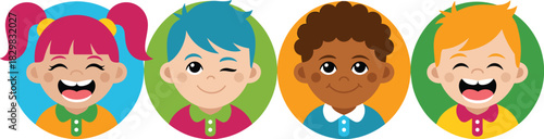 Collection of four diverse, happy children avatars, including boys and girls, depicted in modern, simple, flat vector illustration style with bright colors, suitable for inclusive educational material