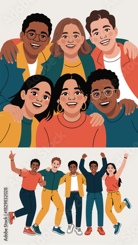 Diverse group of happy young multiethnic friends and colleagues smiling widely in a colorful close-up headshot portrait and celebrating success with energetic jumping action, promoting unity, collabor