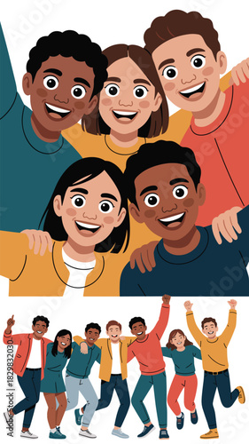Multicultural group of excited and cheerful teenage friends embracing, smiling, and collaborating in a bright, modern vector illustration, showcasing youthful happiness, teamwork, and diverse student