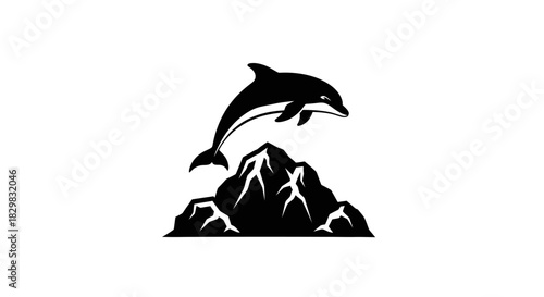 Creative black silhouette logo of a dolphin jumping over mountains.