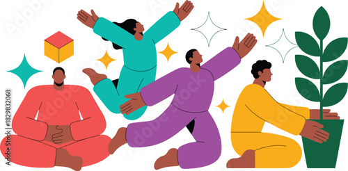Dynamic vector illustration showing diverse people balancing energetic actions like jumping and running with mindful self-care activities such as meditation and nurturing a plant, symbolizing corporat