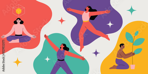 Vibrant digital vector illustration of diverse people practicing essential wellness and healthy lifestyle concepts, including mindfulness, freedom, balance, self-care, yoga, and nature growth for holi